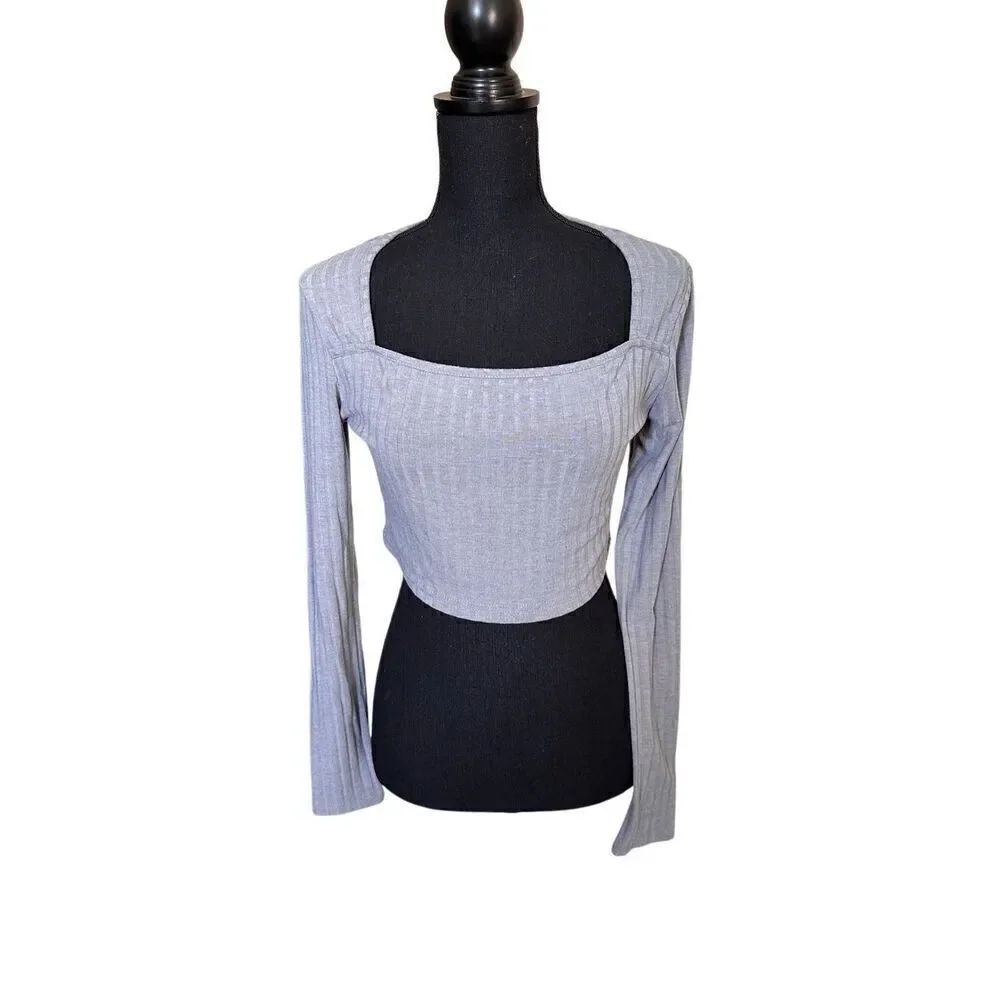 SHEIN Grey Knitted Long Sleeve Square Neckline T-Shirt With Ribbed Texture Large